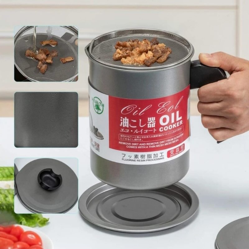 1.4L Fryer Oil Filter Pot Carbon Steel Jug with Stainless Steel Strainer Lid